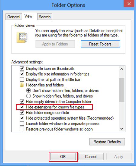 Now, click the option that states “Hide Extension File Type”.   