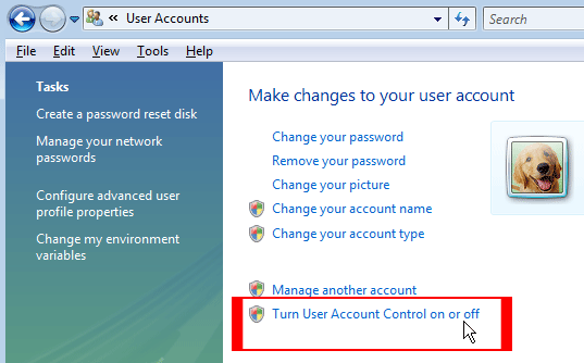 Turn user Account ON or OFF. 