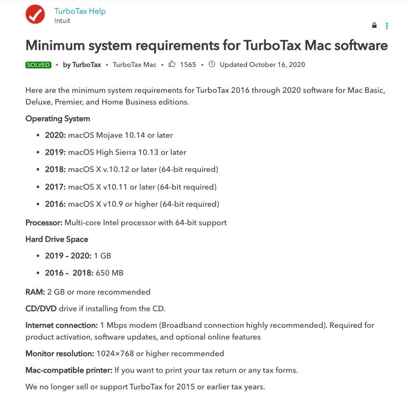 System requirements for Turbotax mac
